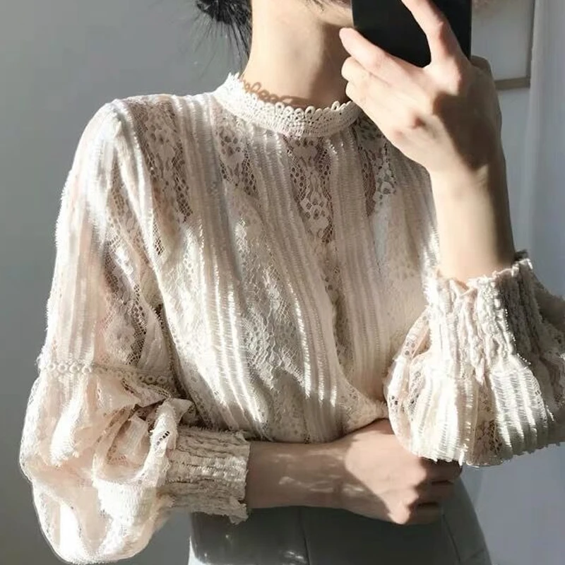 

Elegant French Lace Blouse Women Hook Hollow Flower Tops Spring Stand Collar Bottom Puff Long Sleeve Shirt Blusas Mujer 25845