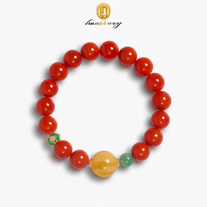 

Natural Full Flesh South Red Handstring Women's Ruyi Lock Enamel Color Jade Honey Wax Round Bead Bracelet New Style