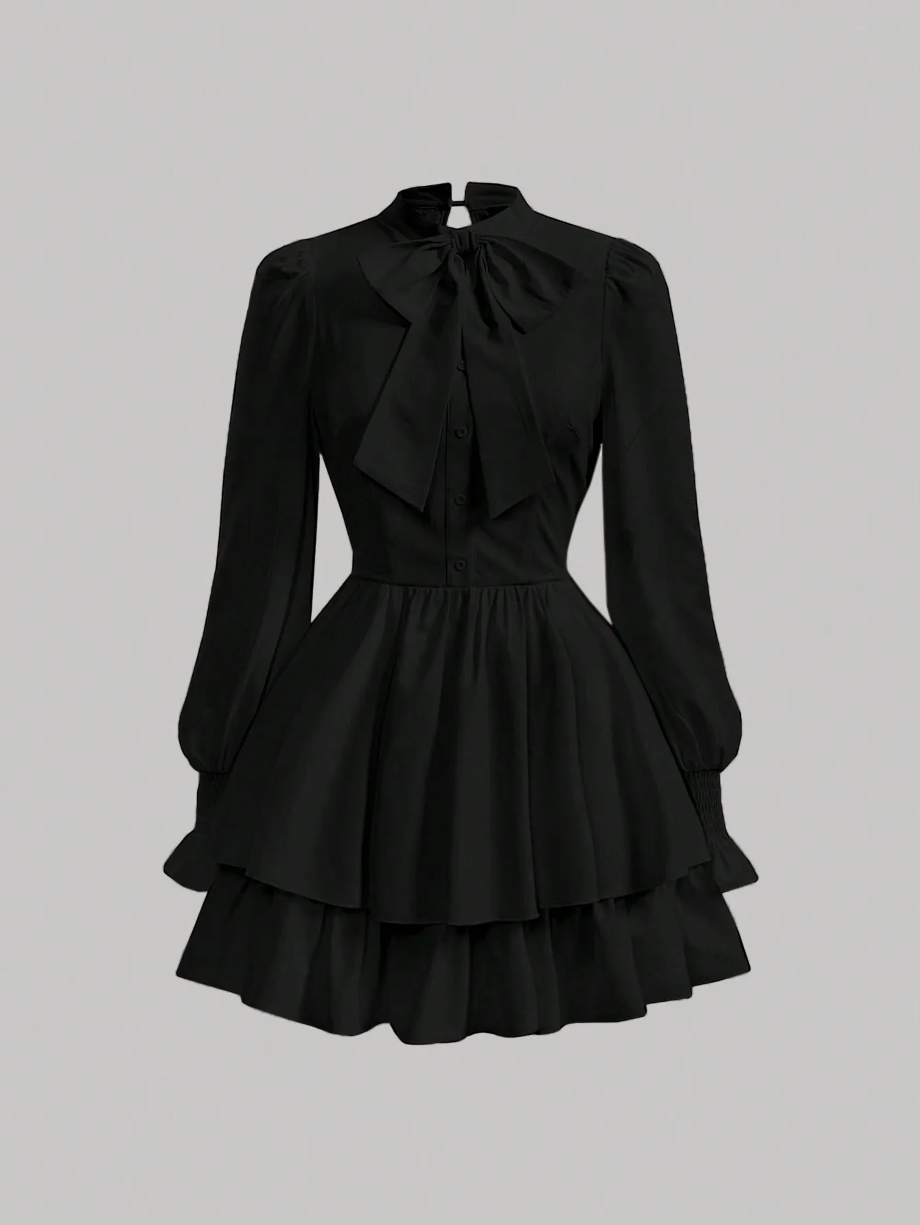 

Black Tiered Ruffle Mini Dress with Long Puff Sleeves, High Neck Bow, Button Front, Fitted Waist