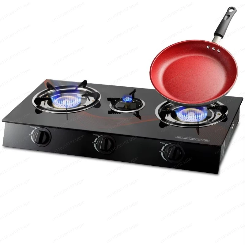 Cross-Border Desktop Flameout Protection Glass Swirl-Fire Powerful Three-Burner Gas Stove, Touch Control, Electronic Ignition