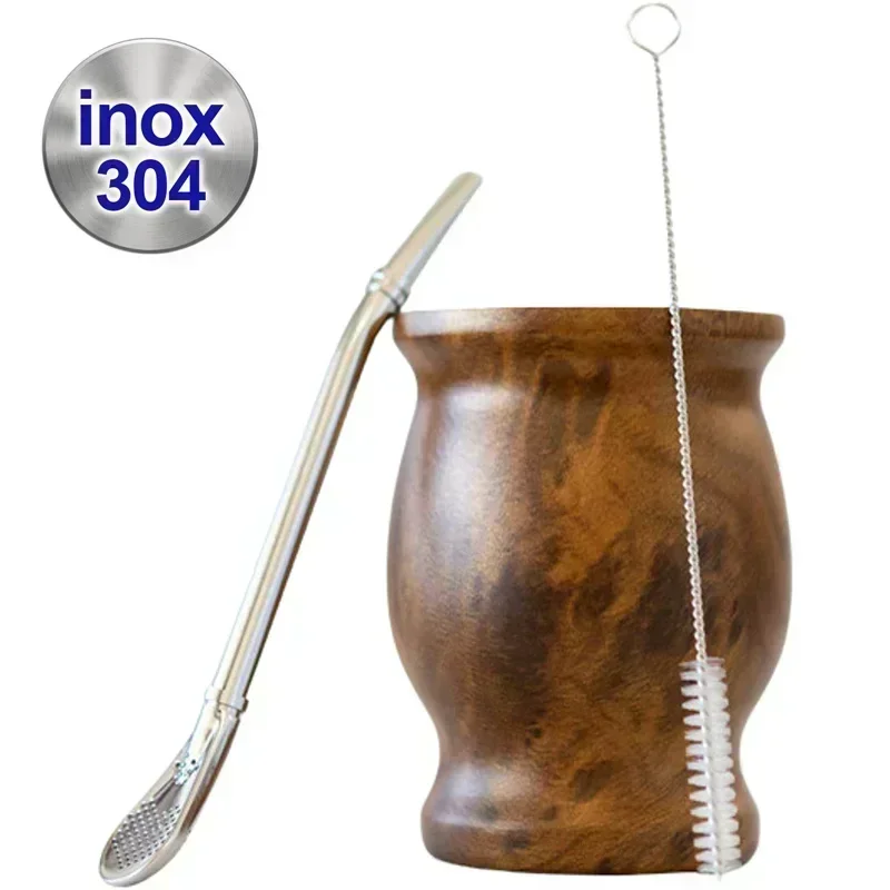8oz chá yerba mate copo 304 inox dupla parede isolado vácuo de aço inoxidável companheiro palha chá café conjunto com colher escova bombilla