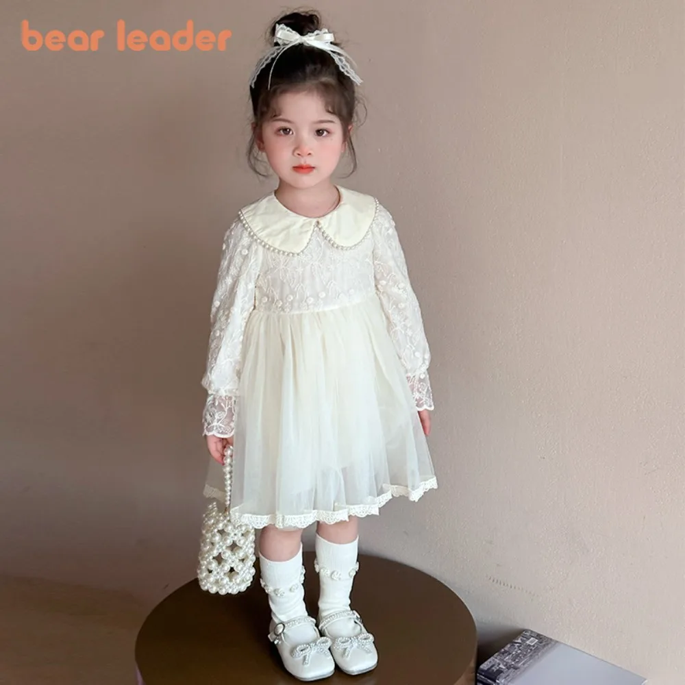 

Осенние бежевые платья для девочек с длинными рукавами Bear Leader, милое сетчатое лоскутное платье принцессы с кукольным воротником, весенняя детская одежда