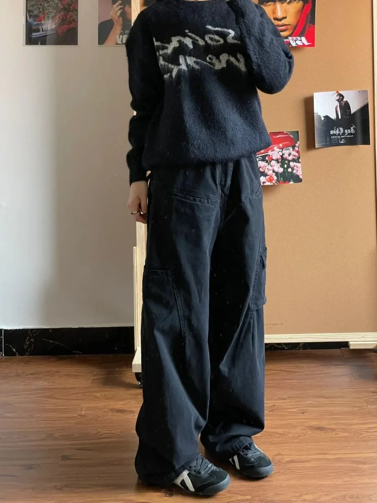 HOUZHOU Vintage Black Cargo Pants Women Japanese Style High Street Oversize Baggy Jeans Grunge Wide Leg Loose Trousers Female