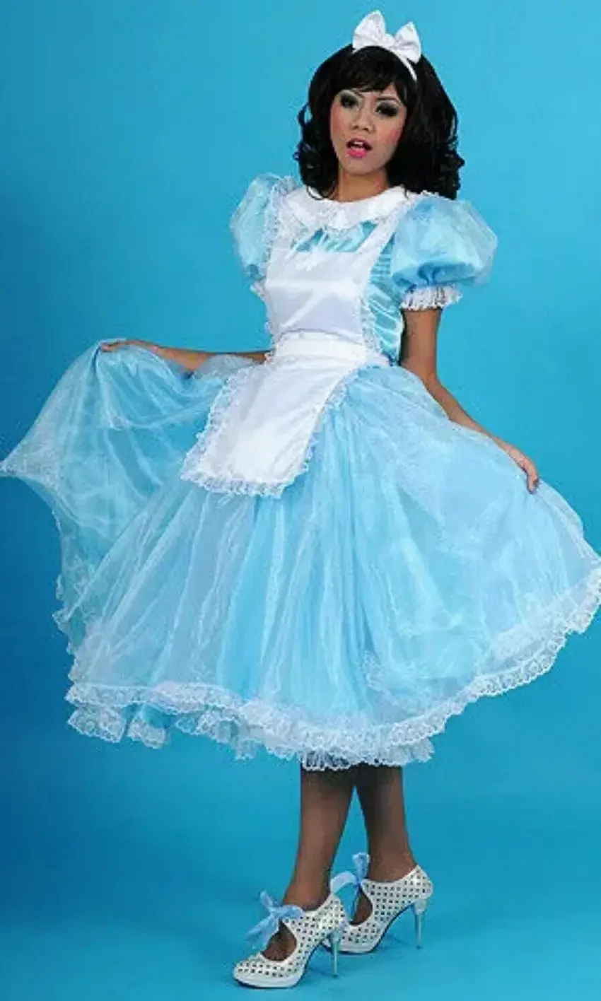 

Cosplay Sissy Girl Blue Satin Maid Lockable Dress Role Play Costume Tailor Production