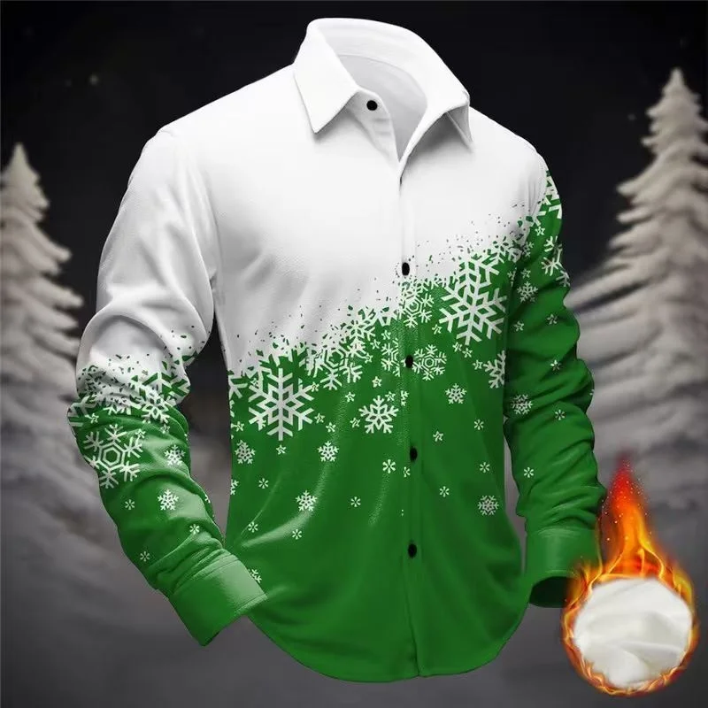 Kemeja Pria 2026 Bermotif Kepingan Salju 3D, Atasan Gaya Jalanan Natal Lengan Panjang Kancing