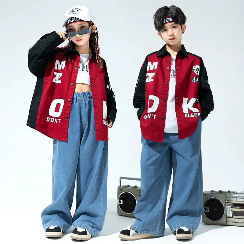 女の子の長袖シャツとデニムパンツセット,ティーンエイジャーの服,ジャズストリートダンスの衣装,社交ダンス服,子供服,ヒップホップスタイル