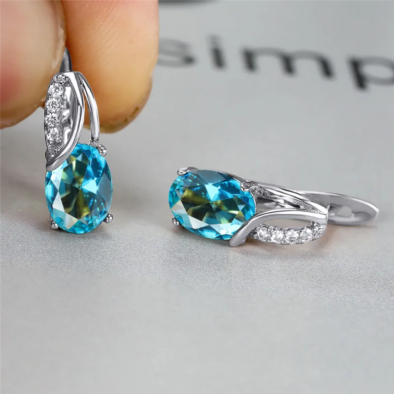 Women's Aqua Blue Zircon Oval Stone Hoop Earrings, Boho Style