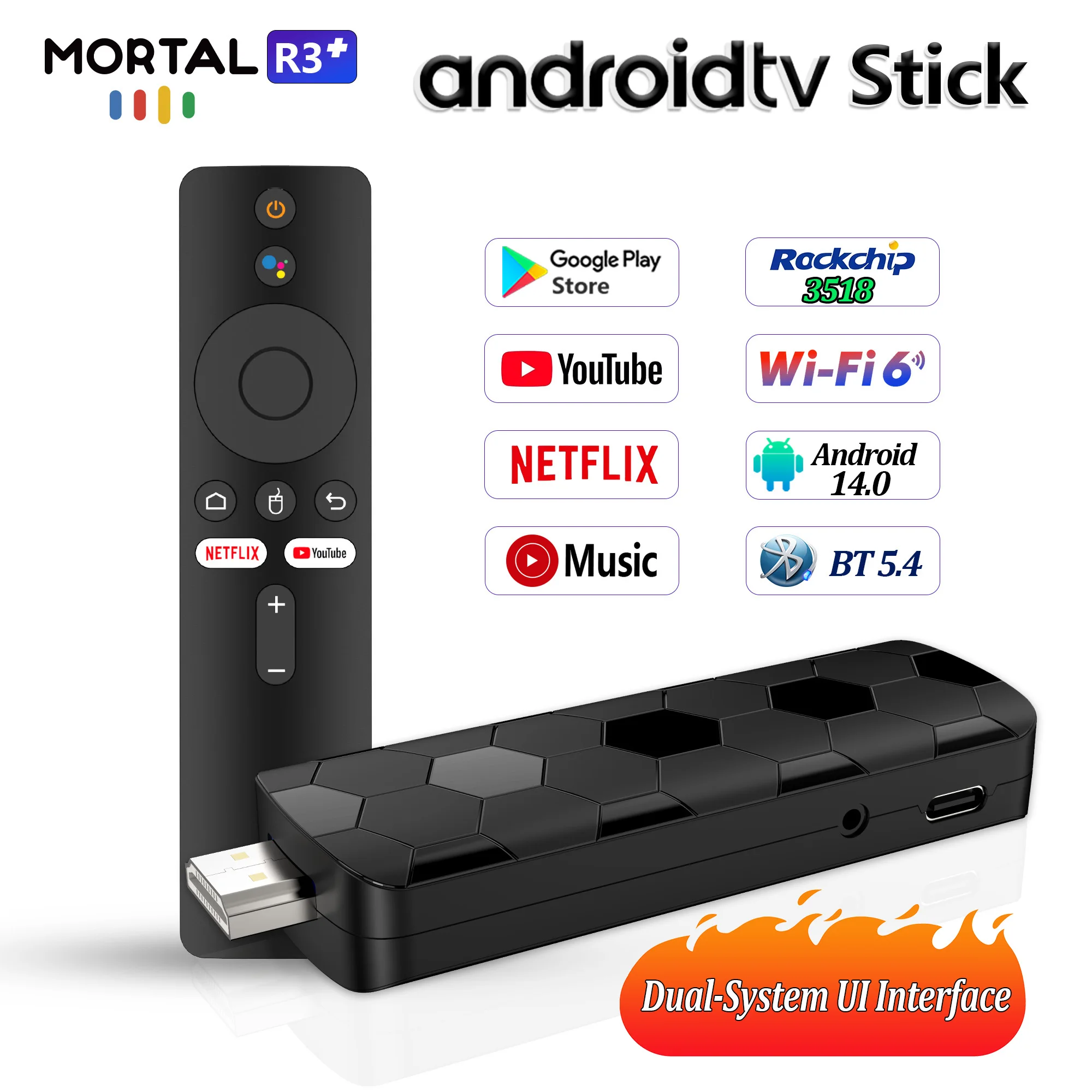 جهاز Android Dual UI TV Stick Mortal R3+ الإصدار العالمي جهاز التحكم عن بعد الصوتي Android14 4K Video Wifi6 Netflix YouTube عصا التلفزيون سريعة البث