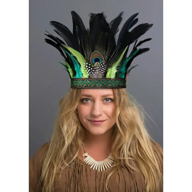 DAZCOS Peacock Feather Fascinator Decorative Headbands Feather Headpiece Crown Headdress Costume Halloween Headband for Party