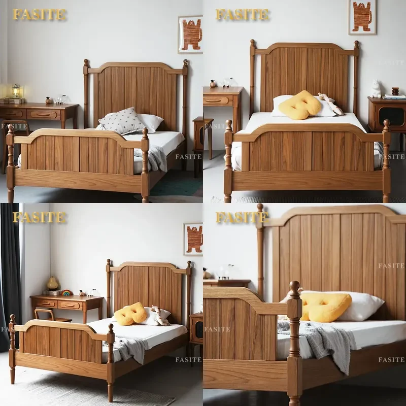 For 1.8m 1.5m Bed Frame Medieval American Retro Style Single Bedroom Furniture Durable Natural