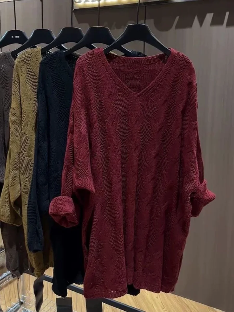 

Autumn Winter Hong Kong Sle V-Ne Knitted Sweater Large Size over 2300 Pou Mid-Length Hooded Women's Faion Top