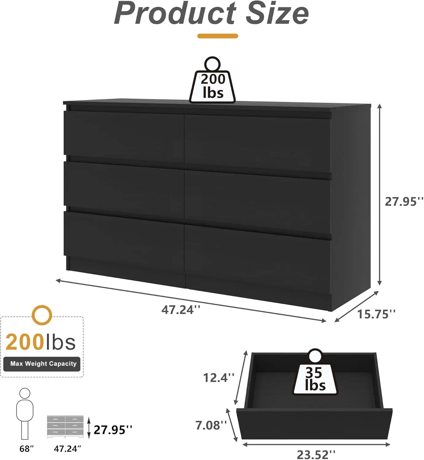 Spaco preto cômoda para quarto, cômoda, móveis de madeira, TV Wide, 6 gavetas