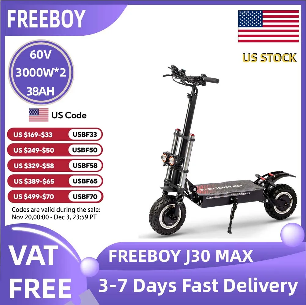 

FREEBOY J30 MAX Adult Electric Scooter 3000W*2 Motor, 60V 38AH Folding E-Scooter 11 Fat Tire E-Mountain Scooter