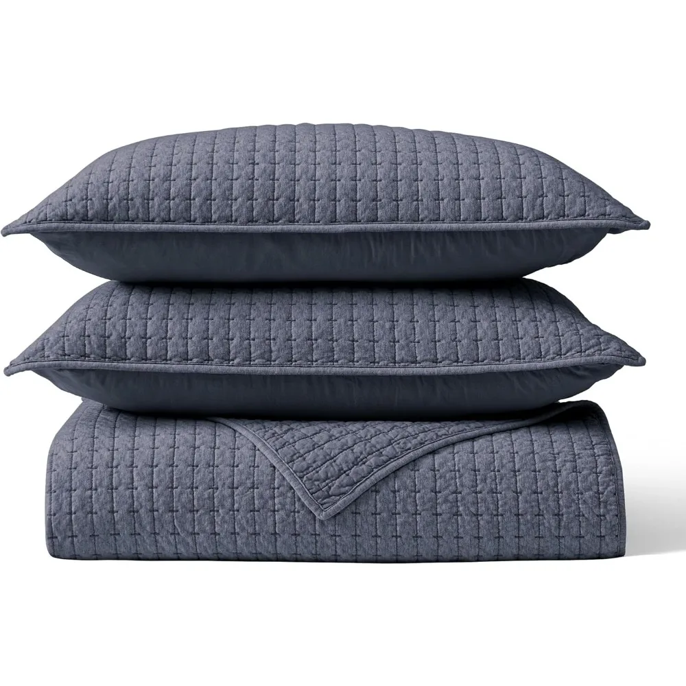 لحاف جيرسي قطني بحجم كينج مع نمط غرزة الأرز باللون الأزرق الداكن، بما في ذلك وسادتين شامز - ناعمة ومسامية وجميعها #5