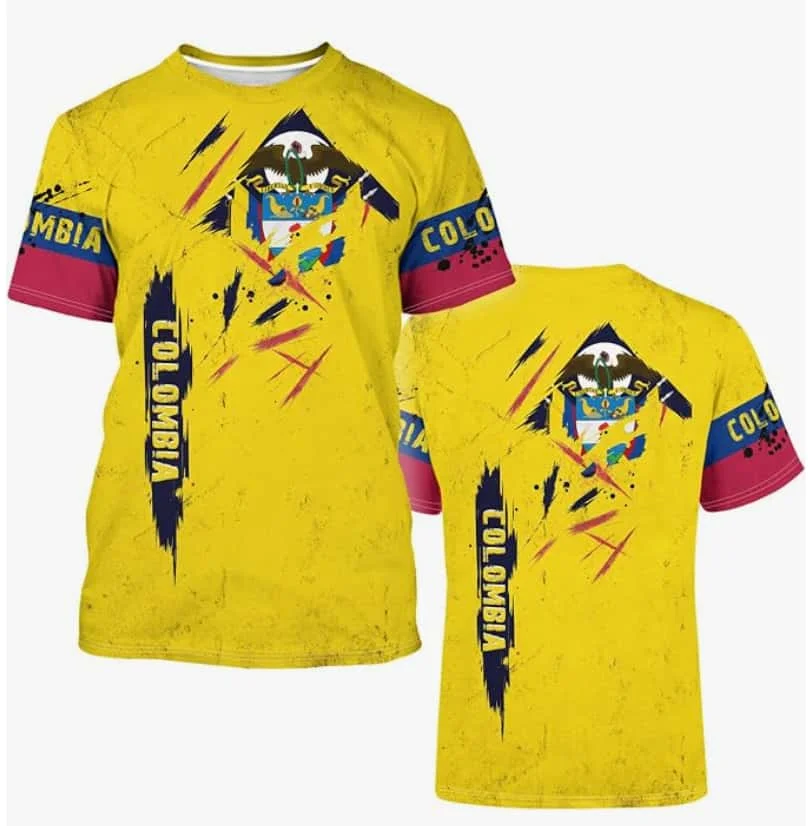 Parent‑child South America Style Short‑Sleeve T‑Shirt Yellow Red‑Blue Graffiti Print Colombian Cultural Element  Athletic Top