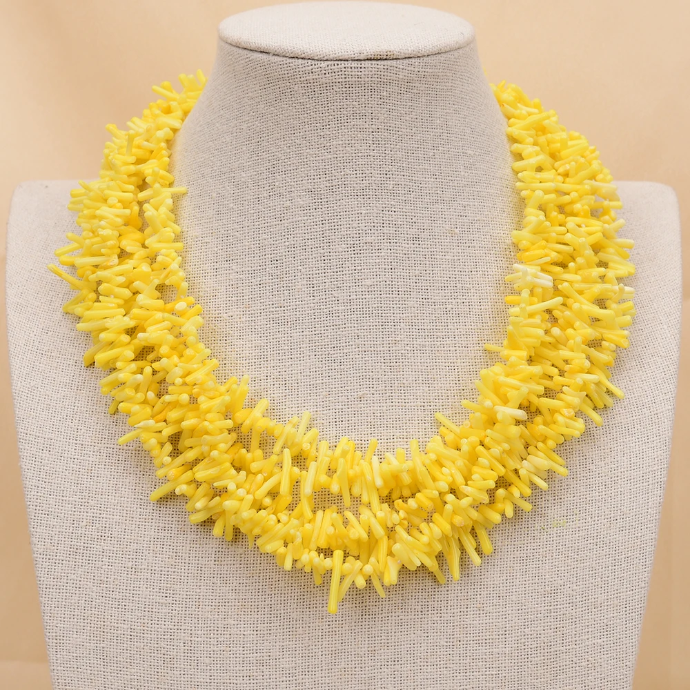 G-G 18'' 5 Rows Freedom Irregular Yellow Coral Chips Branch Beads Necklace Gold Plated Blue Turquoise Flower Clasp Handmade