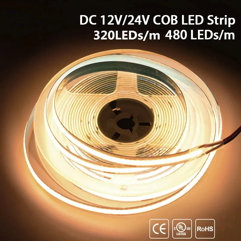 DC12V 24V COB LED Strip Light 320 480 LEDs/m Flexible Tape Ribbon 5M 10M 3000K 4000K 6500K 8mm RA90 Linear Lighting Room Decor