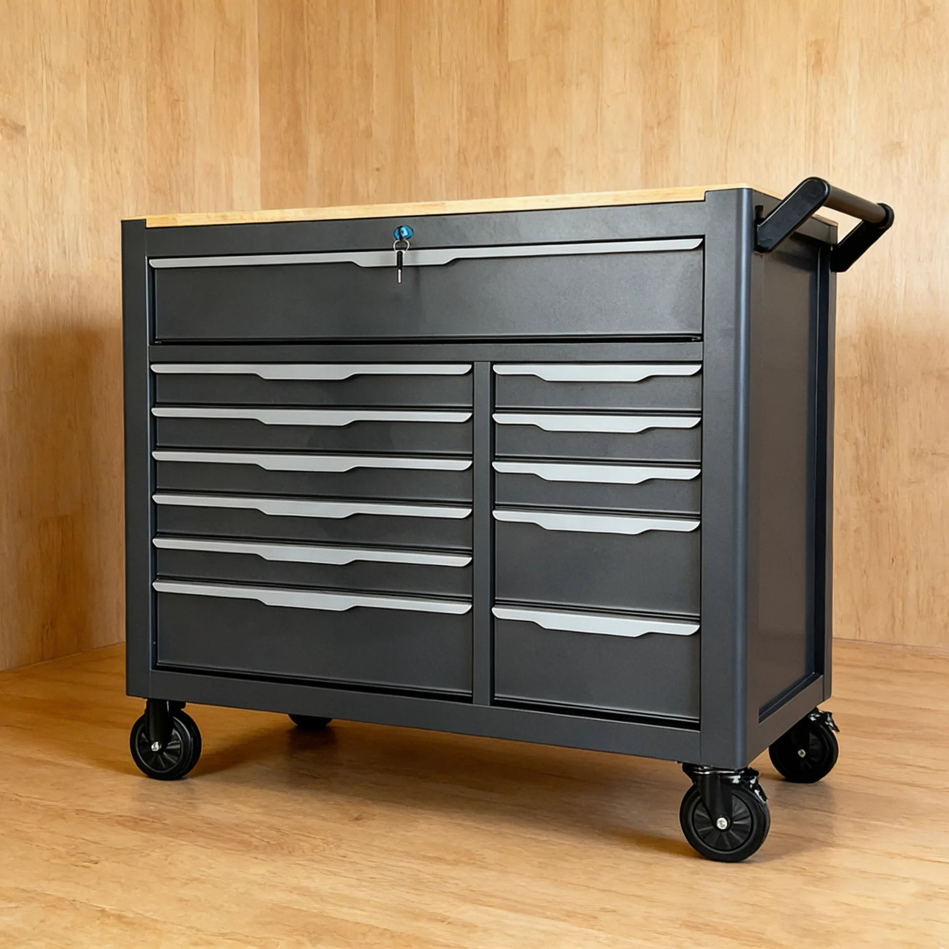 Grade Tool Cabinet Trolley with Lock, Solid Wood Countertop 12 Drawers Multi-compartment Storage Auto Repair Hardware Cabinet