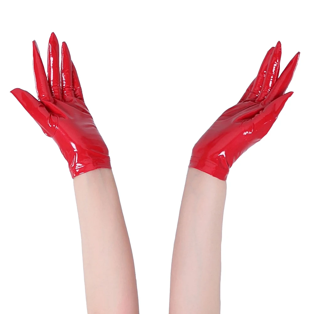 Womens PU Leather Short Gloves Mittens Wet Look Gothic Christmas Party Shiny Sexy Female Handwear Accessories