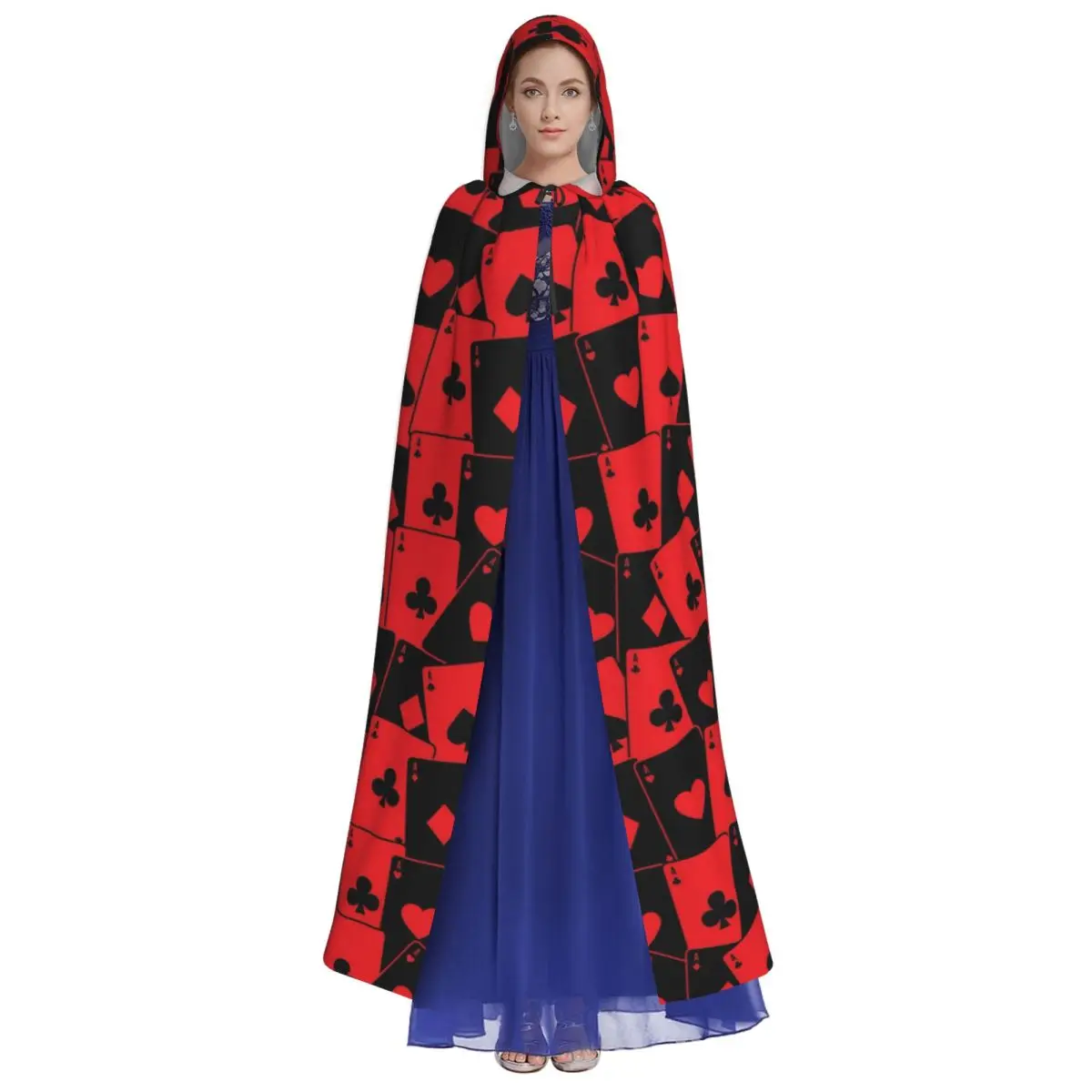 Black Red Queens Hearts Funny Cosplay Cloak Halloween Poker Hooded Cape for Aldult