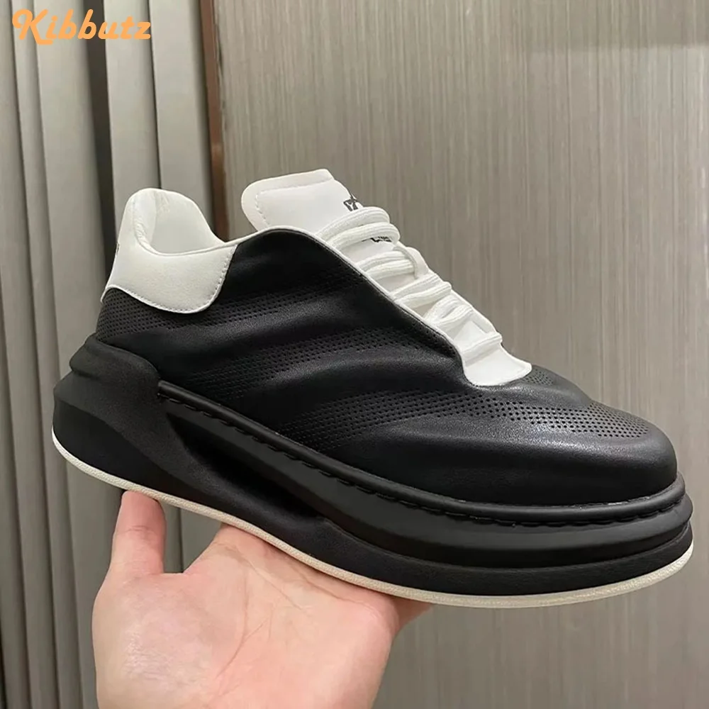 Mesh Leather Round Toe Shoes 2024 New Men Casual Sneakers Shoes Platform Lace Up Mid Shoes Spring Autumn New Fashion Sneakers