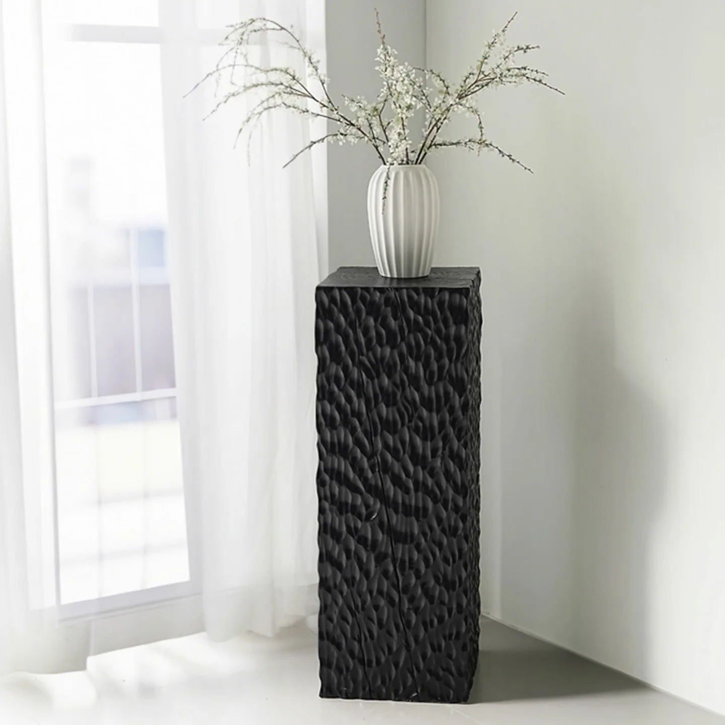 Factory black all solid wood water corrugated wooden pier hotel bed and breakfast stump wood pile bedside table flower stand bas