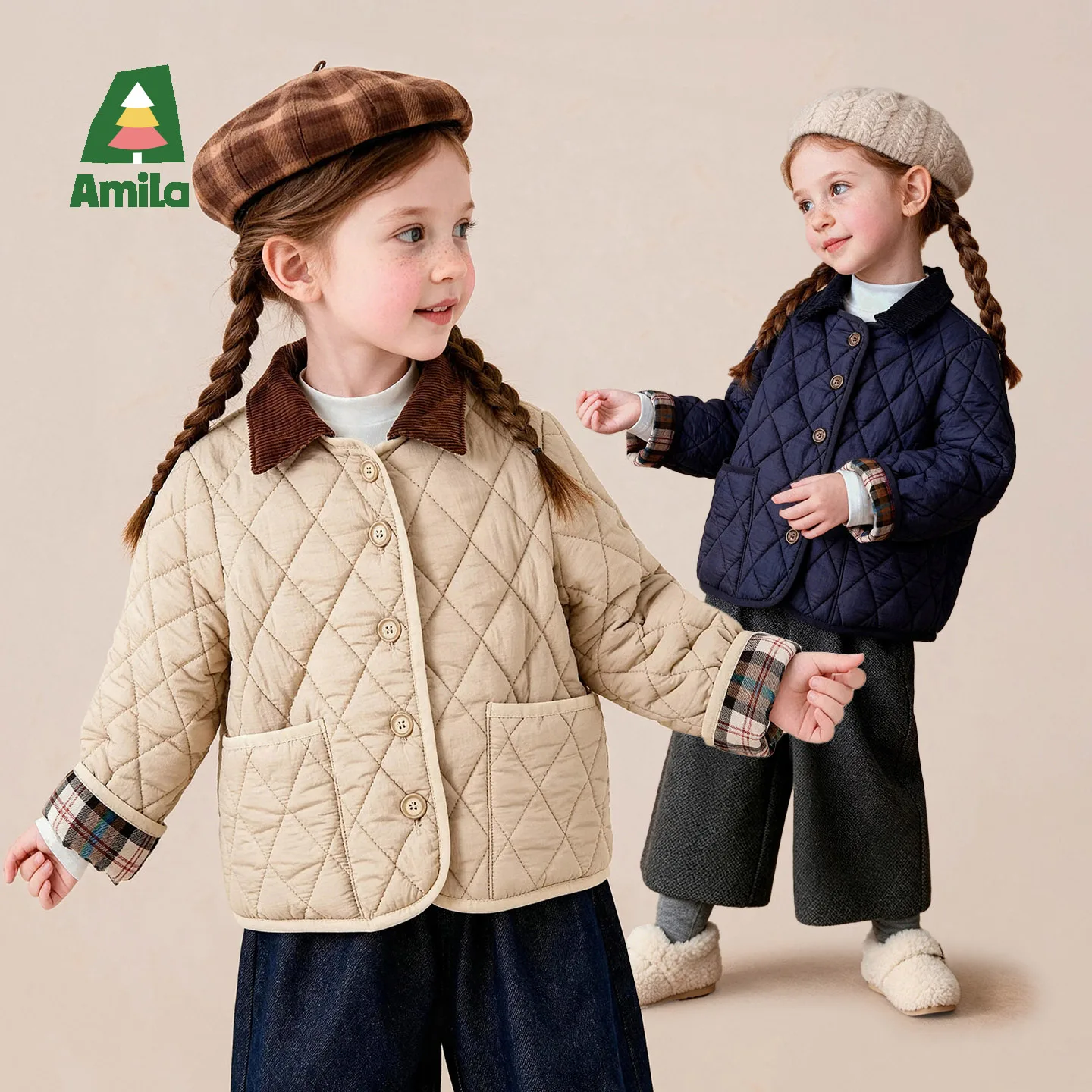 Amila 2026 Winter New Kids Padded Jacket Barn Style Stand Collar Warm Thermal Casual Soft Comfortable Daily Versatile Top