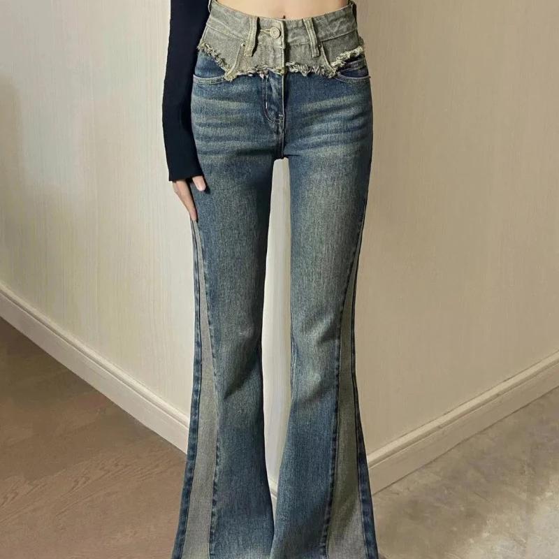 Small Retro Patchwork Color Floor Length Flared Jeans for Women New High Waisted Slim and Slightly Flared Pants