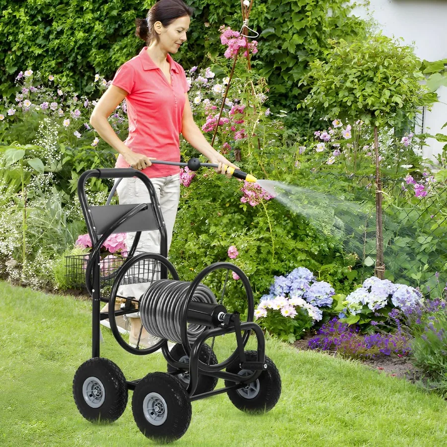 야외 정원 물주기용 중형 호스 릴 카트, 300피트 강철 호스 용량, 4개의 바퀴와 보관 바구니 포함, 잔디밭에 이상적