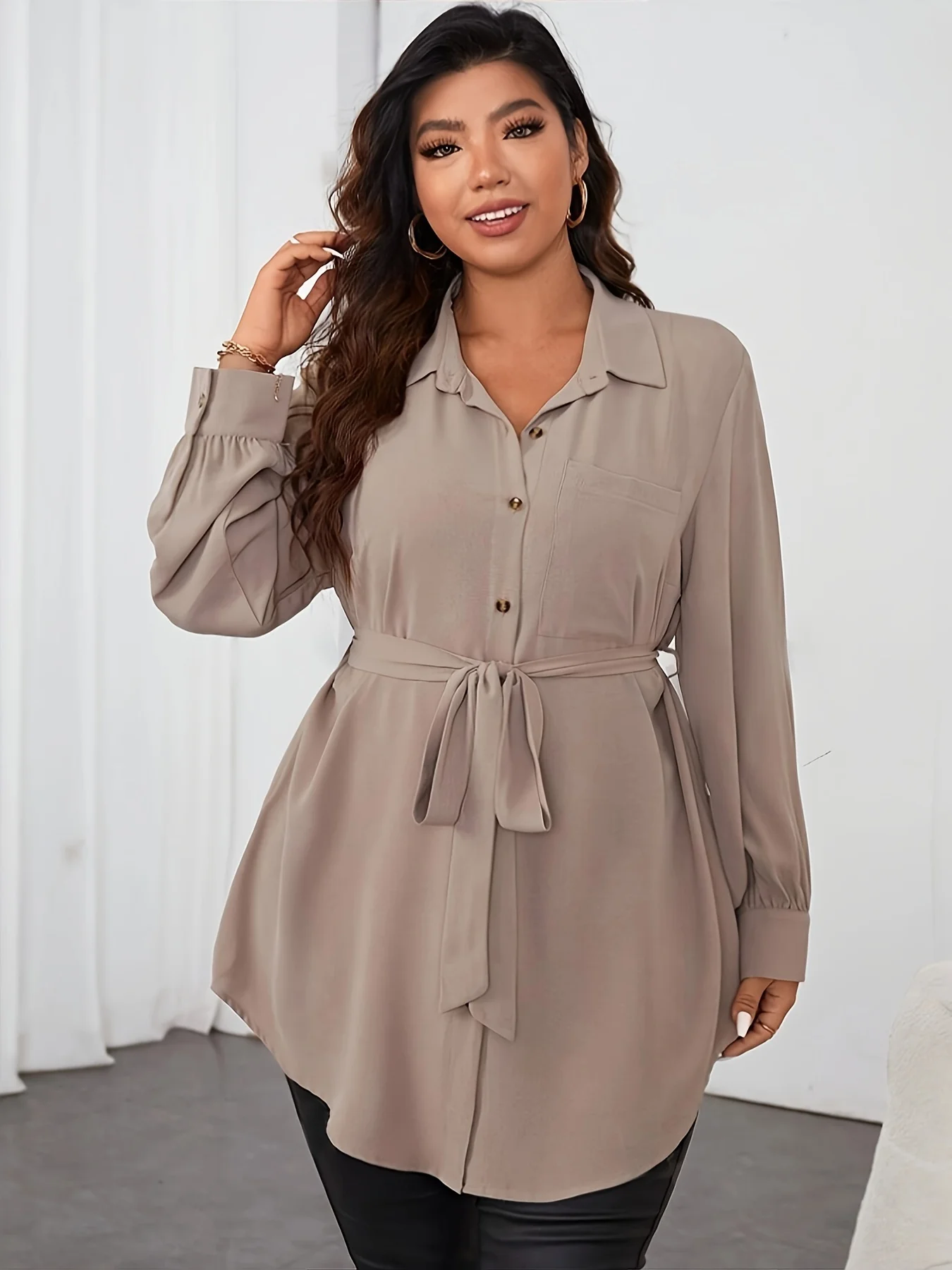 Plus Size Solid Belted Button Front Shirt, Elegant Curved Hem Long Sleeve Shirt For Spring & Fall, Women\'s Plus Size Clothing