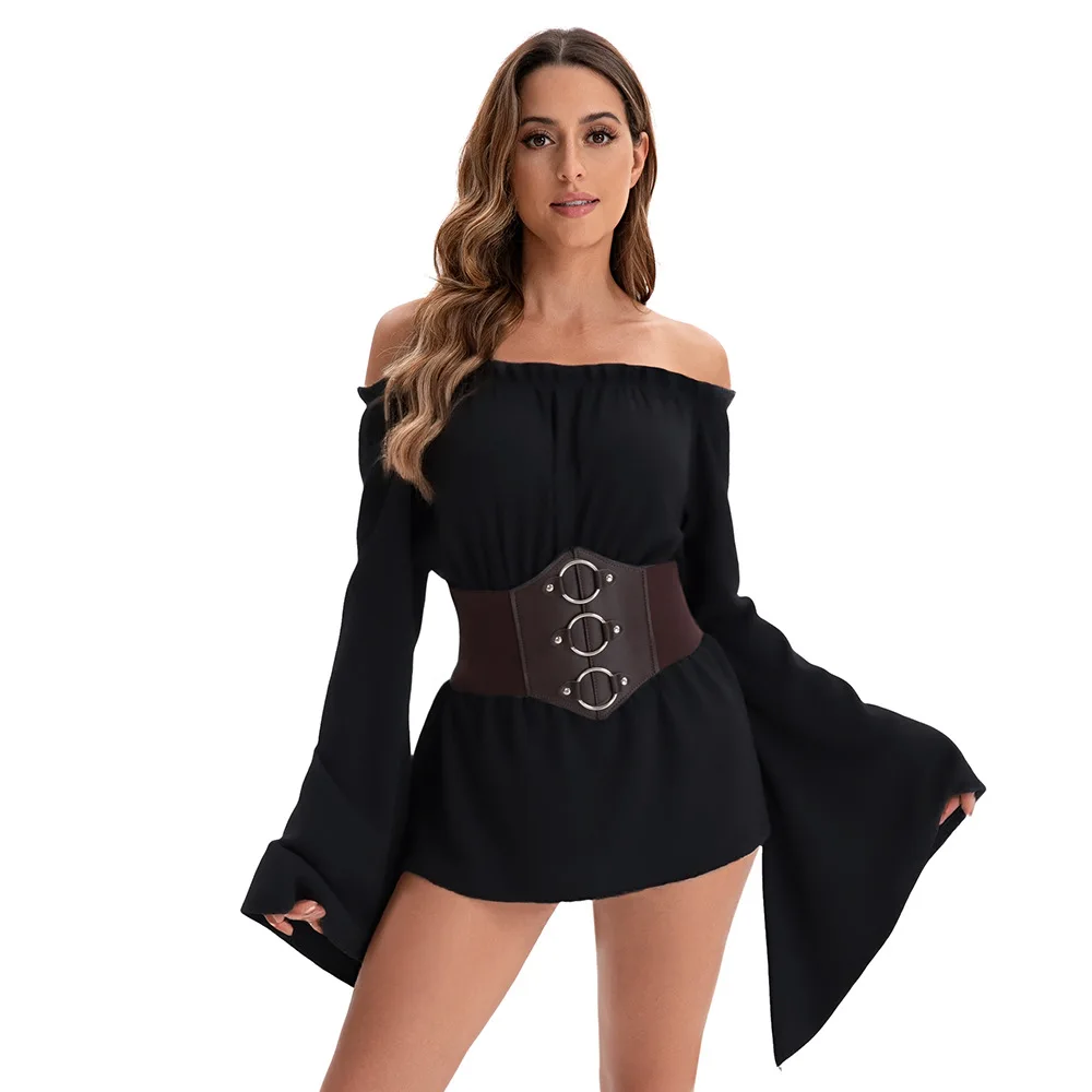 Vestido Mini de Mujer con Hombros Descubiertos, Mangas Acampanadas, Cintura Fruncida, Cinturón Ancho de Cuero, Vestido Corsario Vintage, Disfraz de Pirata para Halloween