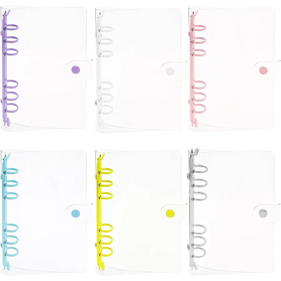 6 Pack PVC A6 Binder Transparent 6 Ring Binder Clear Soft PVC Notebook Cover Budget Planner Folder Cover with Sp Button