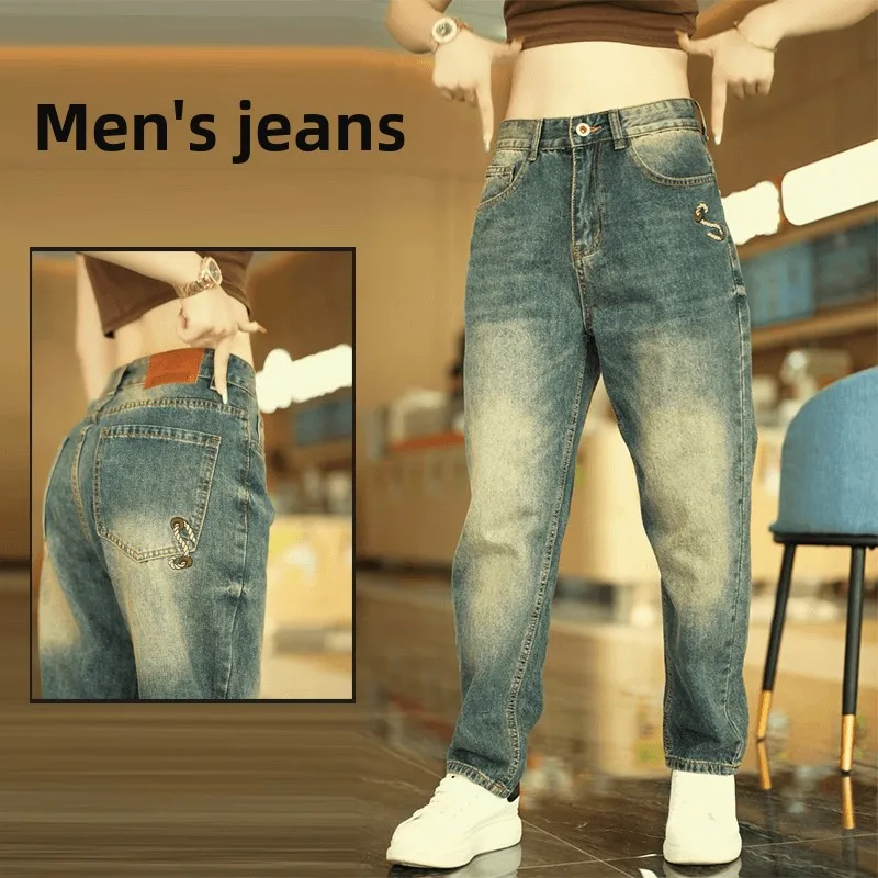 

Мужские джинсы свободного кроя в стиле ретро Harajuku, повседневные модные хлопковые брюки прямого кроя для молодежи, износостойкие, на все сезоны