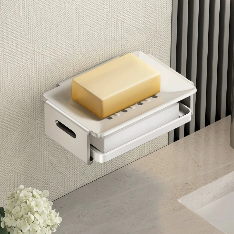 Bathroom punch-free soap dish holder wall-mounted soap box aluminum soap dish with sponge bathroom shelf storage organizer