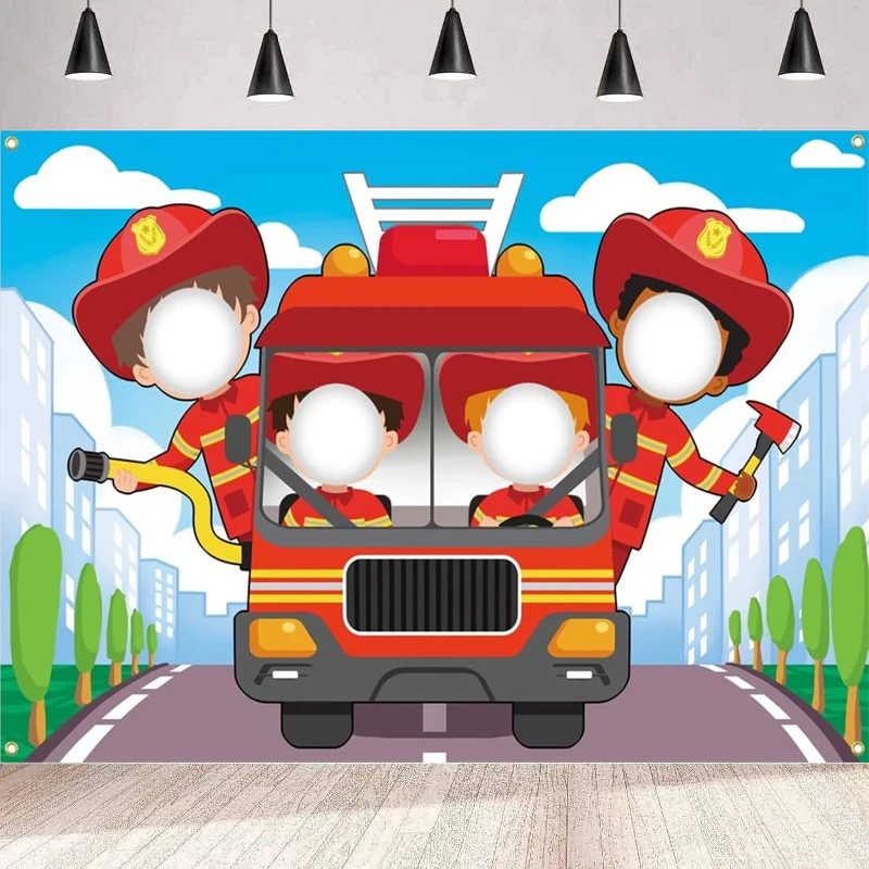 Feuerwehrauto Fotografie Hintergrund Feuerwehrmann Gesicht Ausschnitt Foto Requisiten Feuer Rettung Hintergrund Kinder Gesicht im Loch Selfie Foto Requisiten