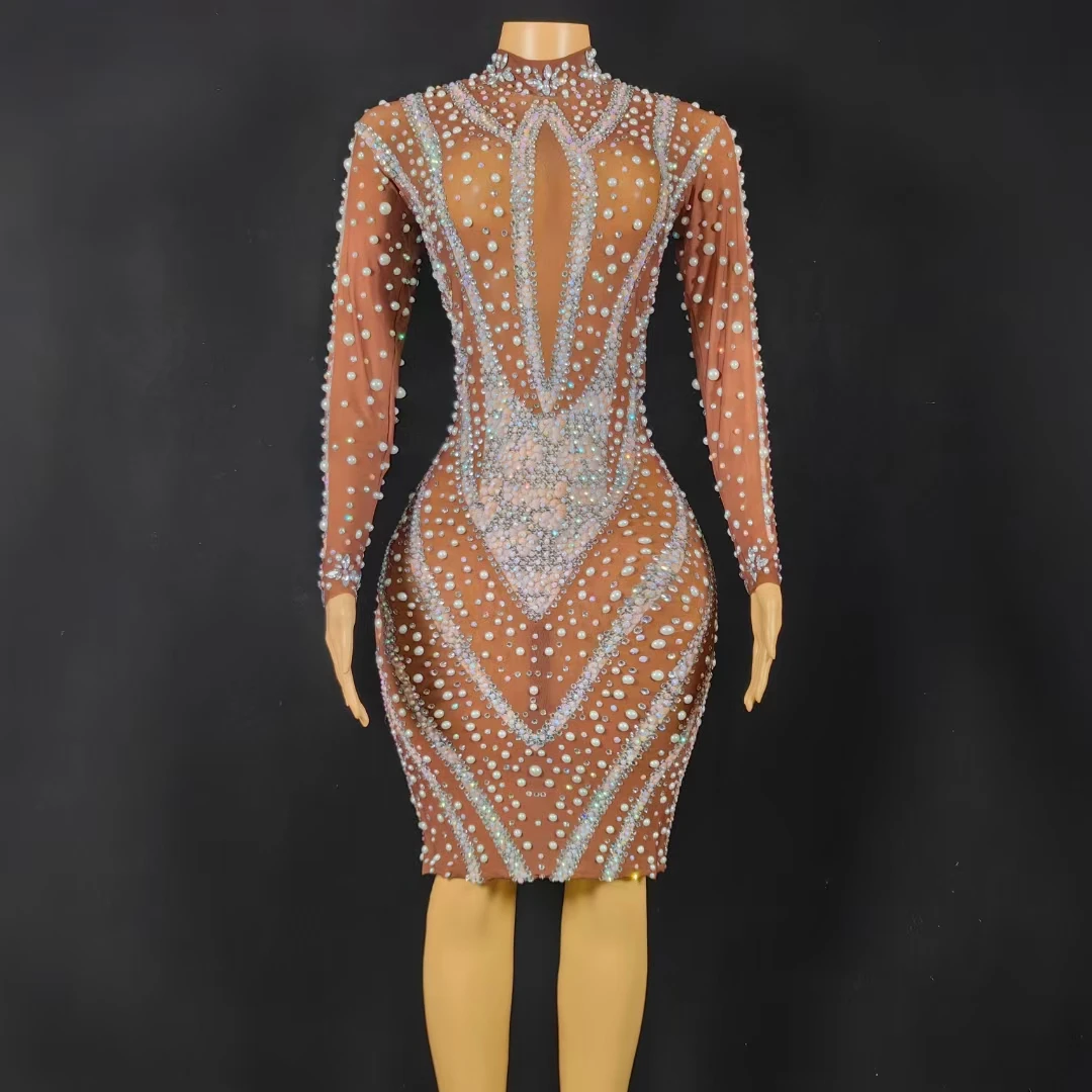 

Sparkly Crystals Pearls Short Dress Evening Dress Celebrate Prom Nightclub Party Birthday Dress Singer Stage Wear Show Dress