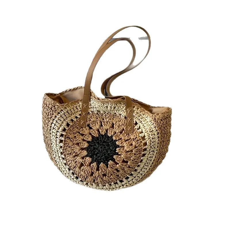 Handgewebte Sommer-Rundstrohtasche im Bohemian-Stil für Damen – Lässige Strand- und Urlaubstasche aus umweltfreundlicher Faserkunst – Detail 10