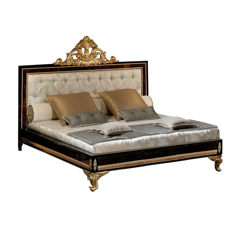 

Neoclassical European fabric double bed, bedroom luxury solid wood carving flower sticker gold foil 1.8 meters wedding