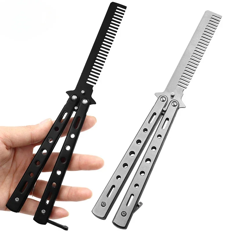 

Hot Butterfly Knife Comb Foldable Comb Stainless Steel Practice Training Beard Moustache Brushe Salon Hairdressing Styling Tool