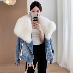 Imitation Fox Fur Denim Jacket Women's Overcoat Fashion Blue Fur Collar Cotton-Padded Jacket Liner Jeans Coat 2023 New Winter