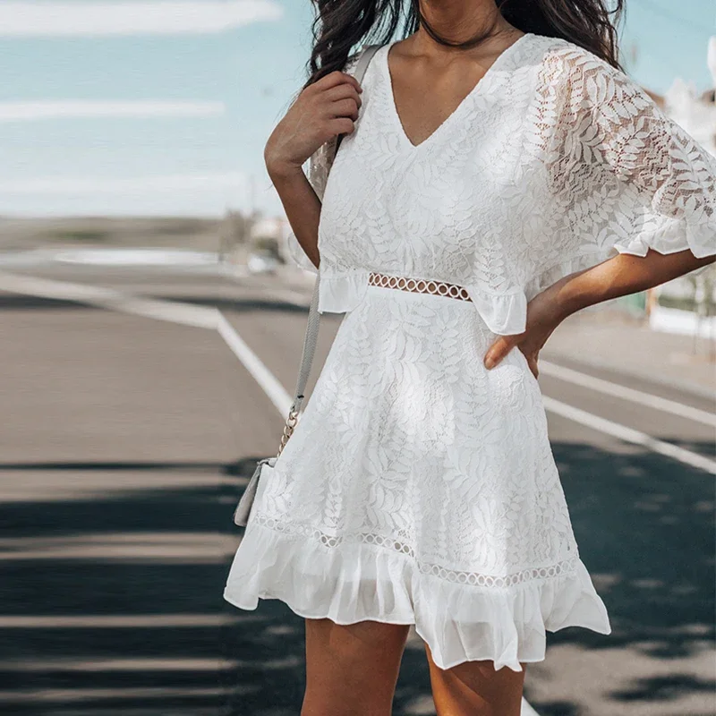 

2022 Summer V-neck White Lace Dress Women's Trumpet Sleeve Ruffled Mini Dress Women's A Line Short Party Vestidos Party Dress