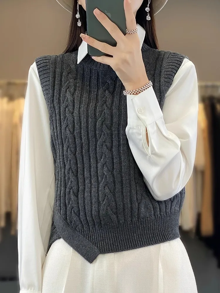 

Autumn Winter Versatile Woolen Knitted Sweater f High Collar ort Length Pure Color Twist Yarn Knitted Vest Faionable S...