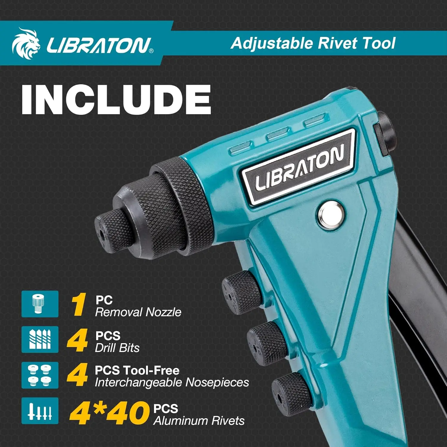 مجموعة مسدس برشام شديدة التحمل مع 160 برشام، 4 لقم ثقب، 4 فوهات، حقيبة تخزين