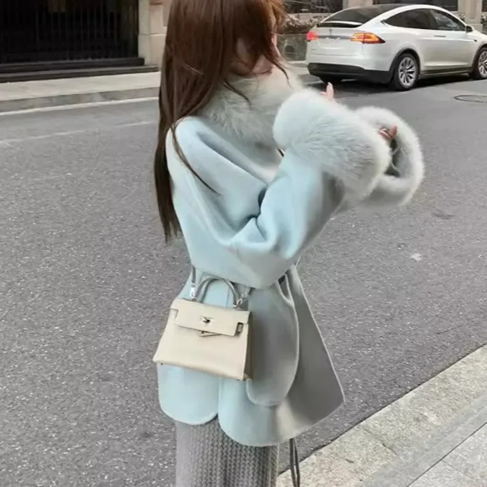 Soft Woolen Coats Cuffs Double-sided Wool Overcoats 2024 New Autumn Winter Korean Fashion Removeable Natural Fox Fur Collar Fur