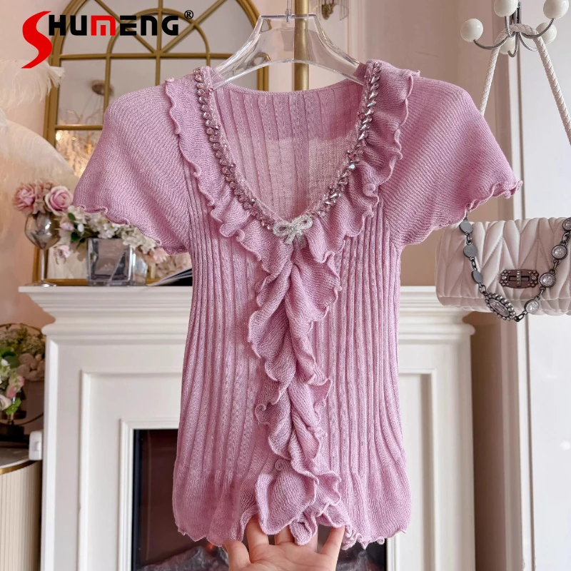 

2026 Spring Summer New Wood Ear Edge V Neck Thin Short-sleeve Knitting Shirts Female Sexy Silmming Tops Nice Trendy Knitted Tops