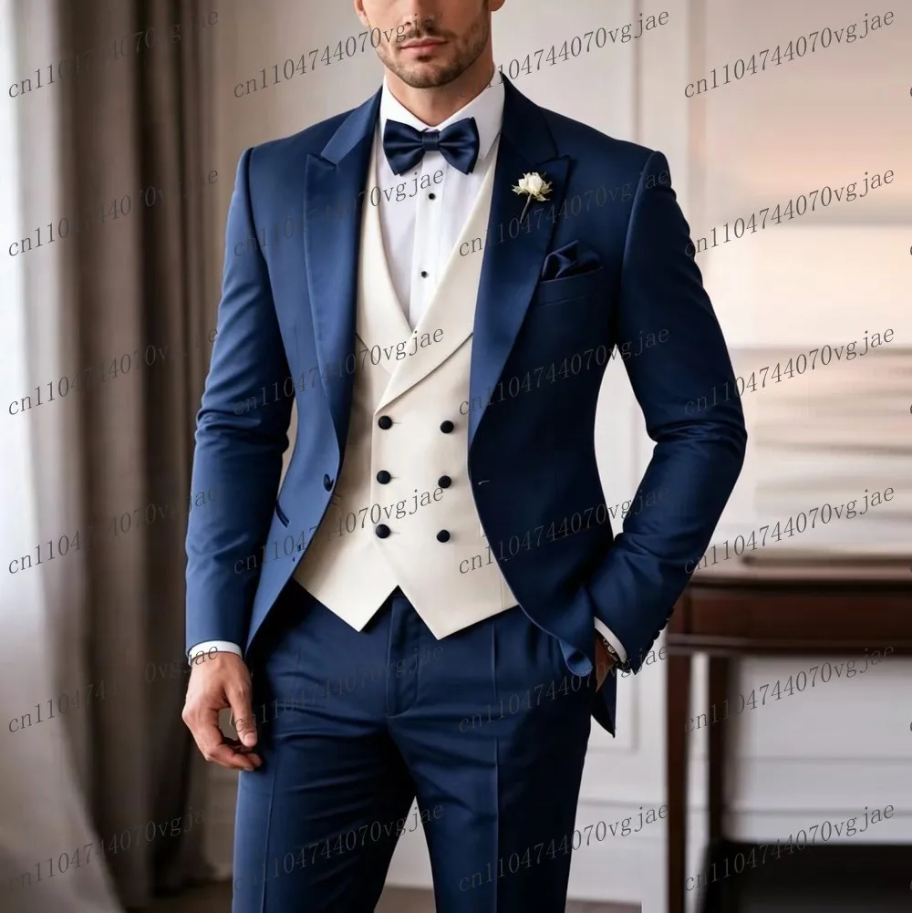 

New Navy Blue And White Men Suit Formal Wedding Party Groom Business Male Tuxedos Customized 3 Piece Set Jacket Vest Pants