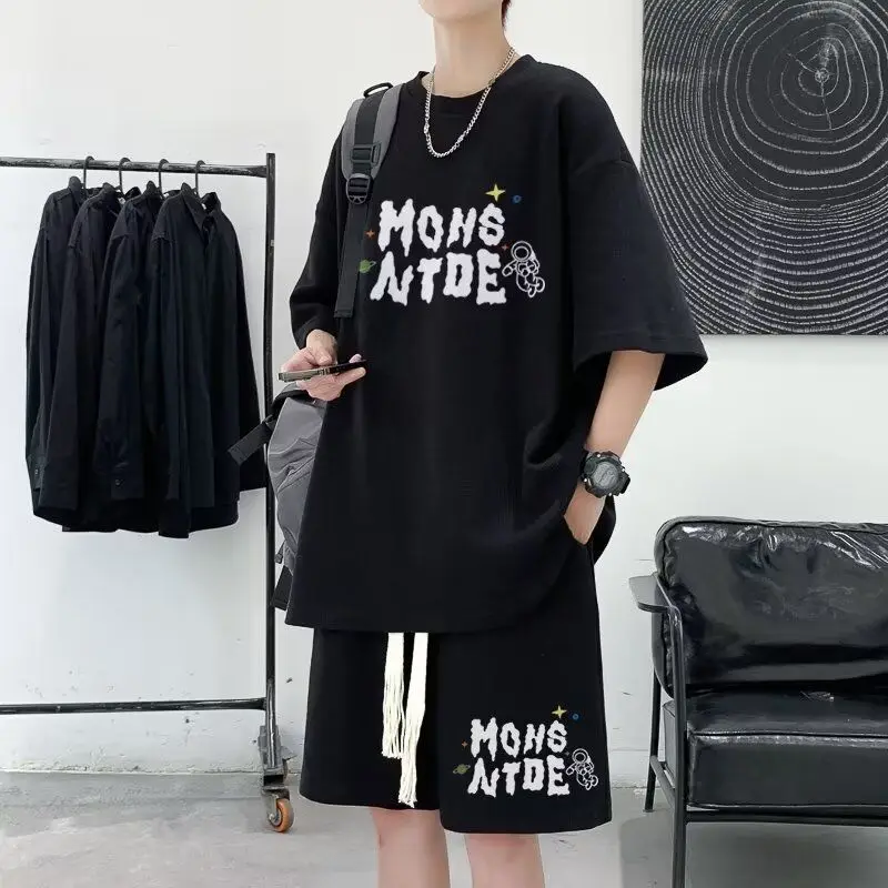 

Летний хлопковый спортивный костюм, мужской повседневный тренд, красивые короткие рукава и свободные спортивные шорты, комплект из двух предметов