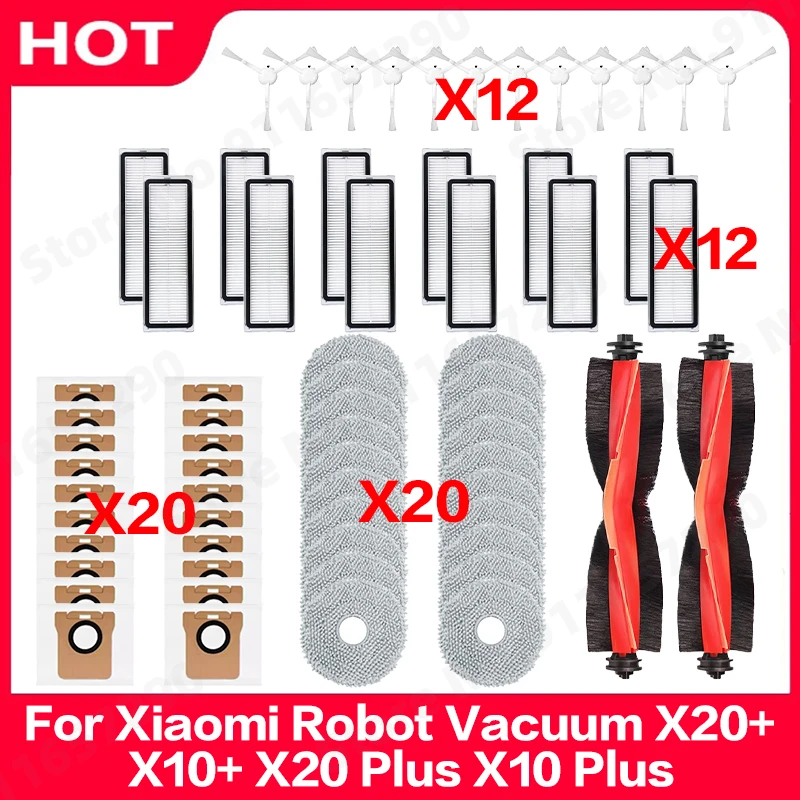 Fit For Xiaomi Robot Vacuum X20+, X10+ / X20 Plus, X10 Plus Parts Roller Side Brush Hepa Filter Mop Cloth Dust Bag Accessories