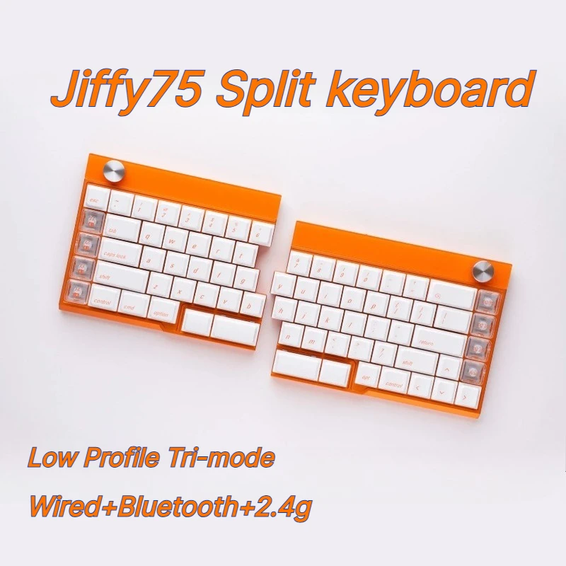 Teclado Dividido Sem Fio Jiffy75 Personalizado Tri-modo de Baixo Perfil com Carcaça de Alumínio, Suporte para HUB JZF, Teclado Ergonômico para Jogos e