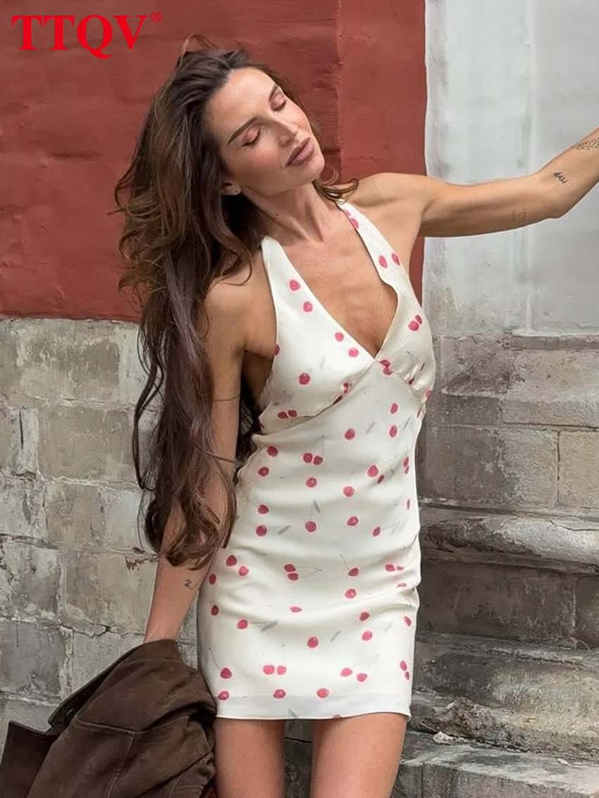 

TTQV Sexy Slim Print Women's Dress 2026 Summer Halter Sleeveless Mini Dresses Elegant Classic Backless Female Dress Streetwear